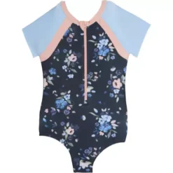Girls' Nano Short Sleeve Zip Night Flowers Rashguard Swimsuit